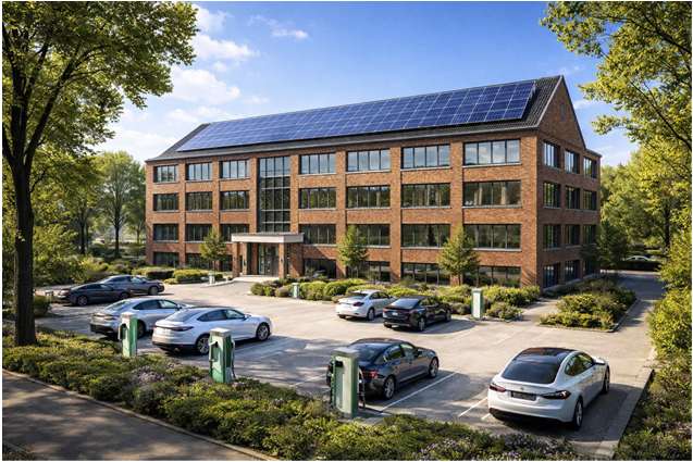 Gewerbegebäude mit Photovoltaik und Elektromobilität